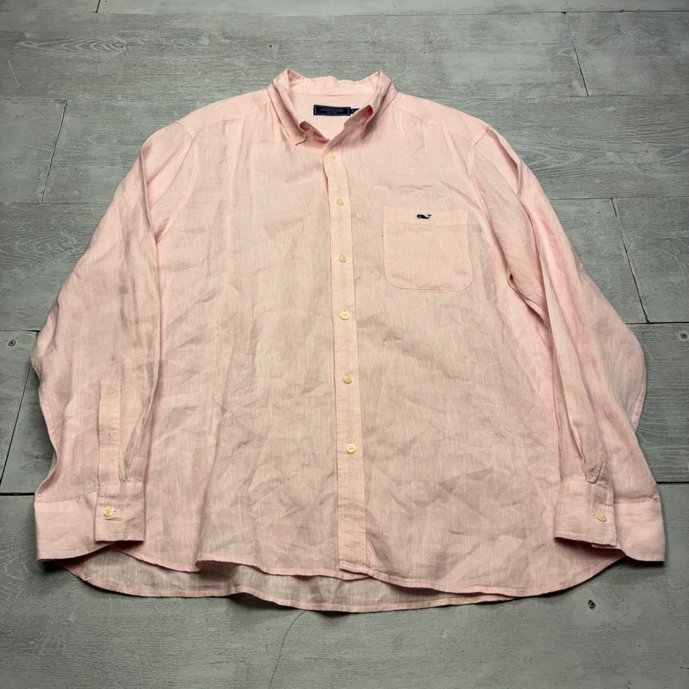 Vineyard Vines Linen Shirt Mens XL Pink Long Sleeve Button Down Whale Logo Beach